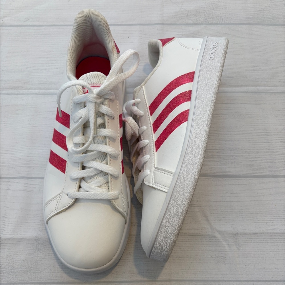 Adidas White Sneakers with Pink Stripes